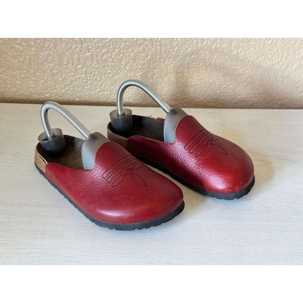 Papillio by Birkenstock Red Pebbled Leather Western Stitch Clogs Mules Size 37